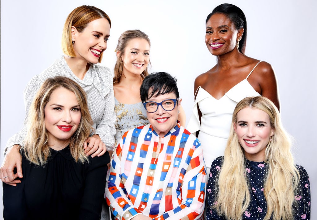 Sarah Paulson, Billie Lourd, Adina Porter, Leslie Grossman, Kathy Bates, and Emma Roberts of 'American Horror Story: Apocalypse' pose for a photo at 2018 TCA. 