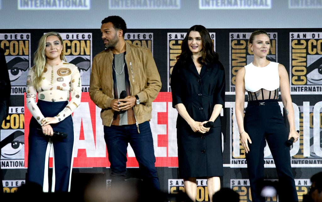 The cast of 'Black Widow' on stage at San Diego Comic-Con.