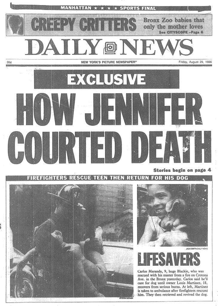 Daily News front page headline "How Jennifer Courted Death'