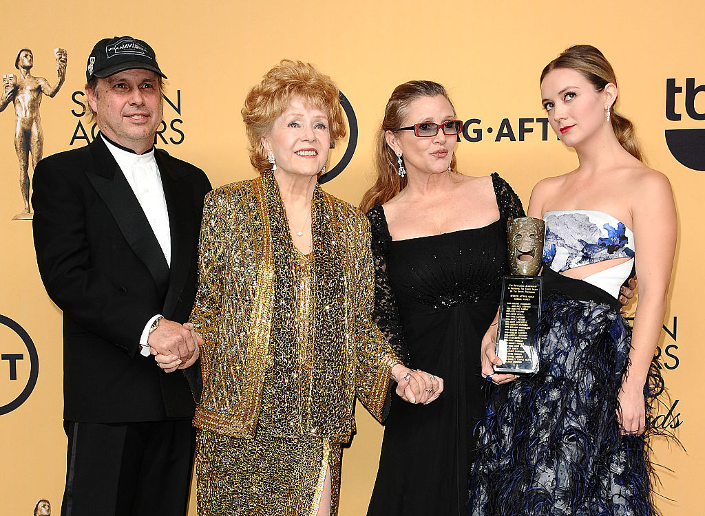 Billie Lourd and her family — grandmother Debbie Reynolds, mother Carrie Fisher, and uncle Todd Fisher — in 2015. 