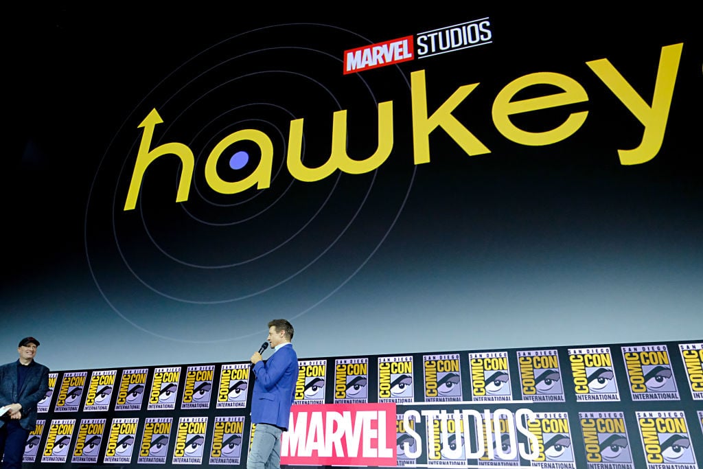 Jeremy Renner speaking during the 'Hawkeye' panel at San Diego Comic Con.