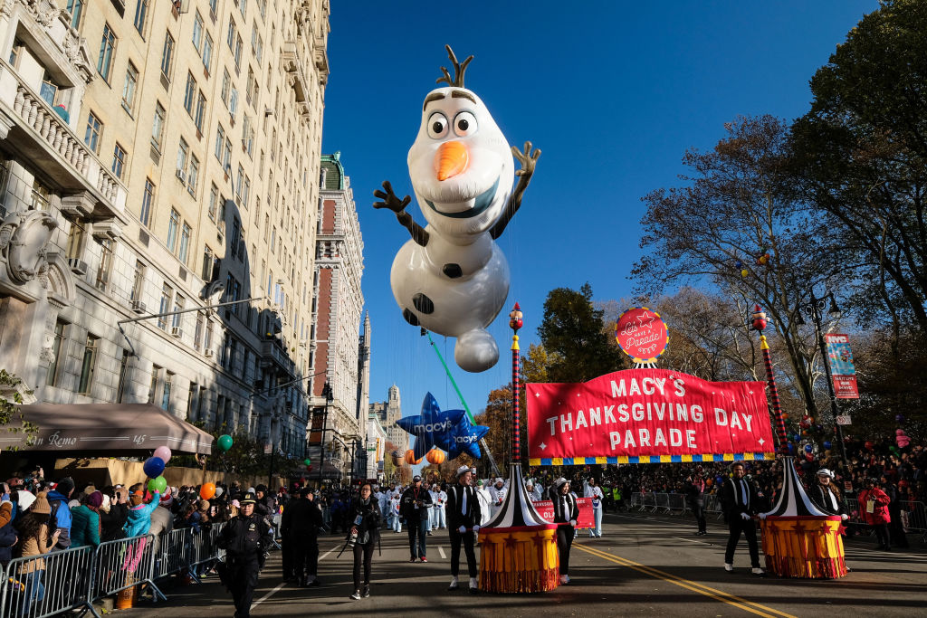 The Olaf from 'Frozen' balloon floats down Central Park West during the 91st Annual Macy's Thanksgiving Day Parade.