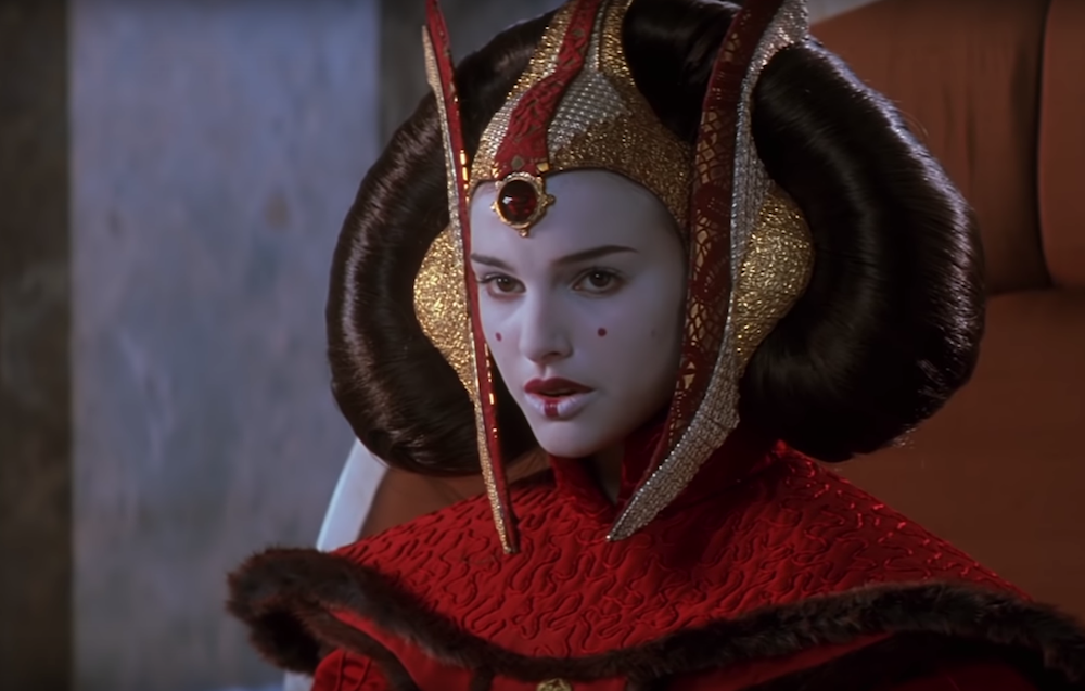 Queen Amidala (Natalie Portman) in 'Star Wars: Episode I — The Phantom Menace' in her iconic gown and headdress. 