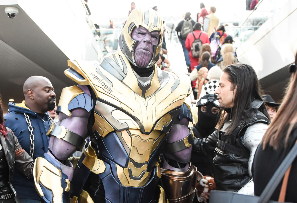 A cosplayer poses as Thanos at New York Comic Con 2019.