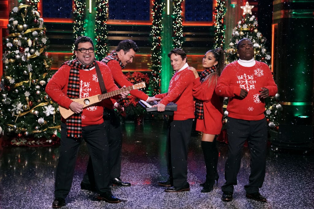 Horatio Sanz, host Jimmy Fallon, Chris Kattan, musical guest Ariana Grande, and Tracy Morgan during "I Wish It Was Christmas Today"