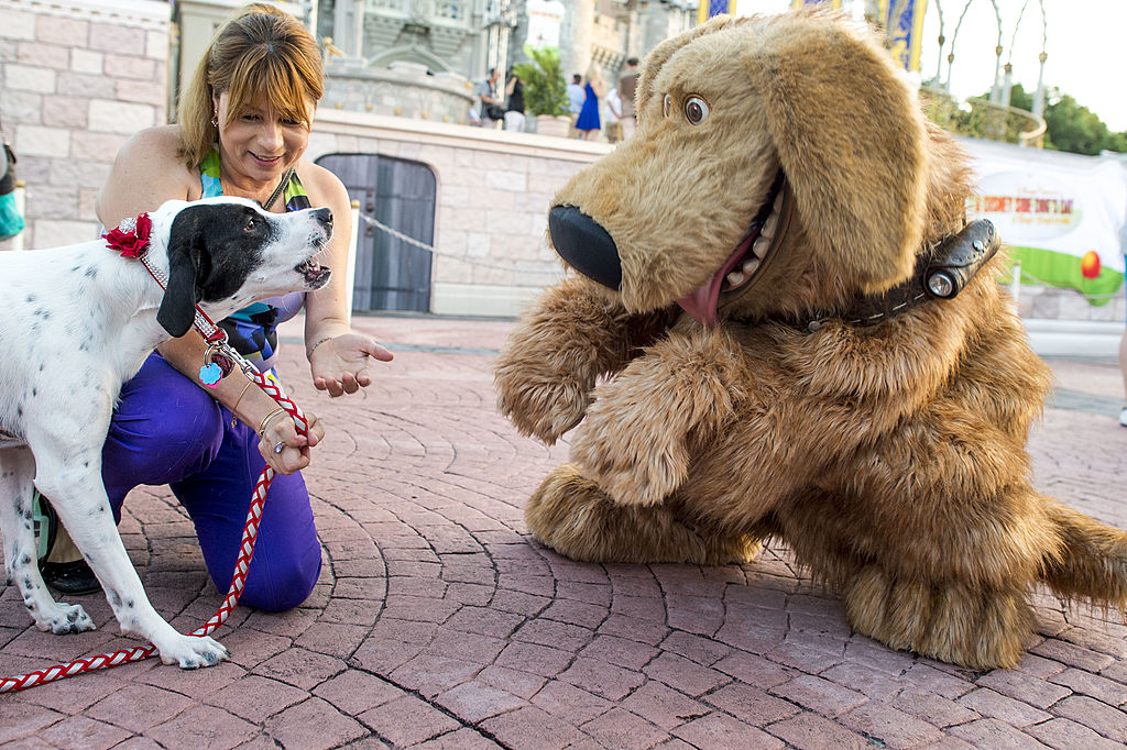 Mejay Aguerre and her dog "Lily" meet the Disney-Pixar canine character "Dug" at the Magic Kingdom at Walt Disney World Resort