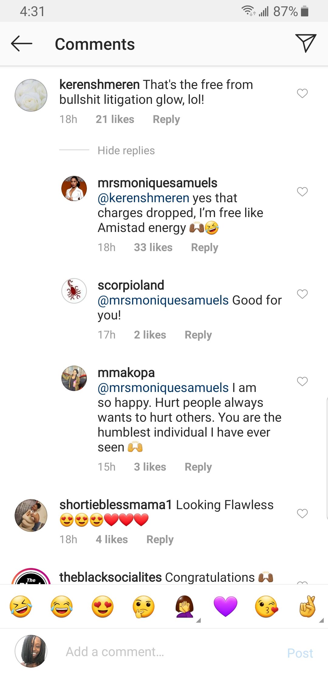 Monique Samuels' response to user