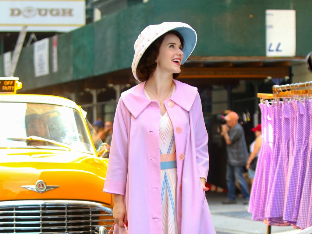 Rachel Brosnahan filming 'The Marvelous Mrs. Maisel in New York City on Sept. 4, 2019