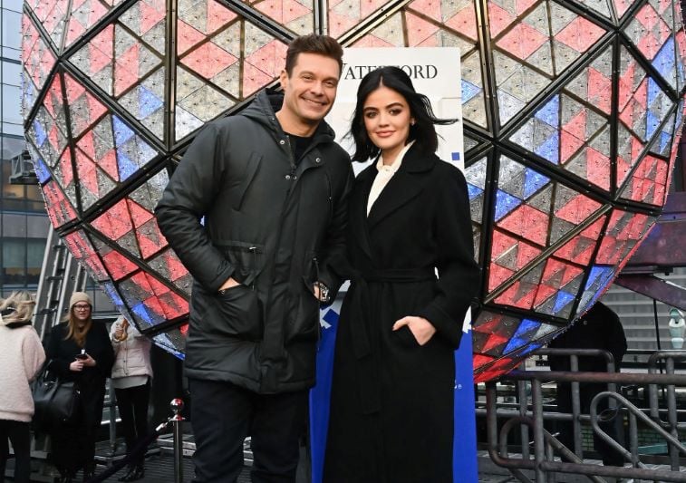 Ryan Seacrest and Lucy Hale in front of the Waterford Crystal Times Square Ball