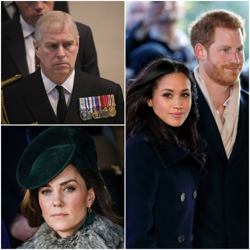 Top left: Prince Andrew, Bottom left: Kate Middleton, Right: Meghan Markle and Prince Harry