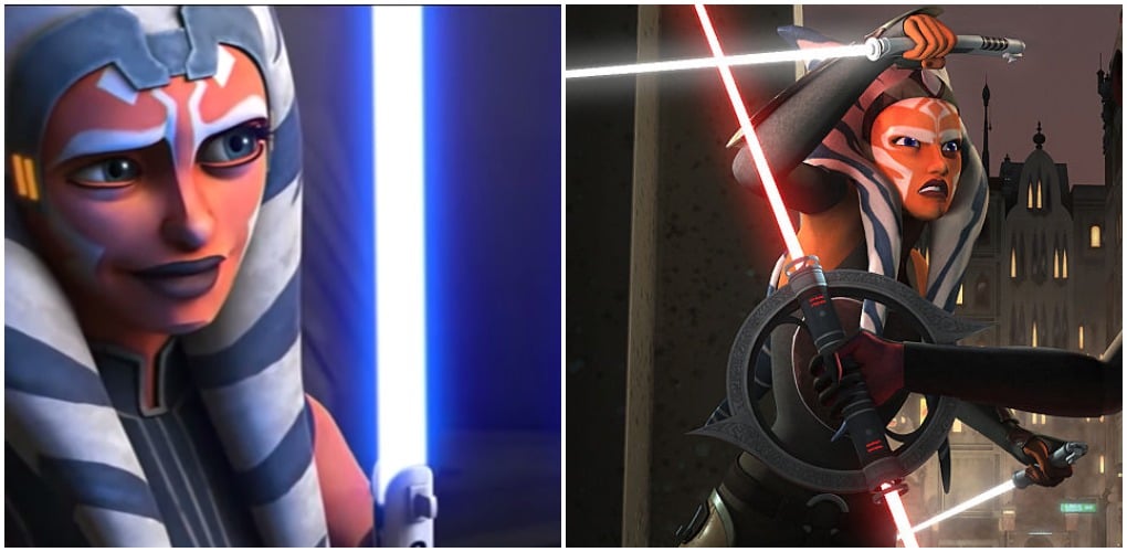 Ahsoka and her blue lightsabers in 'The Clone Wars' Season 7 trailer on the left, and Ahsoka in 'Star Wars Rebels' with her white sabers on the right.