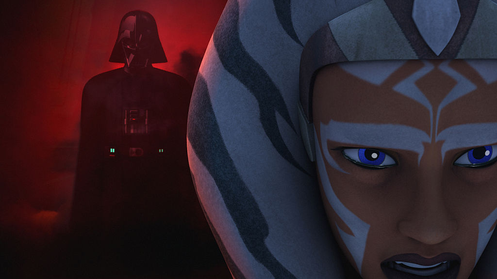 Ahsoka gets emotional as she sees a vision of Darth Vader mixed in with Anakin Skywalker in the episode "Shroud of Darkness" in Season 2 of 'Star Wars Rebels.'