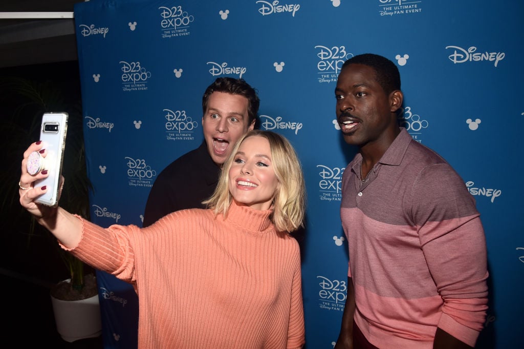 Jonathan Groff, Kristen Bell, and Sterling K. Brown pose for a selfie at Disney's D23 Expo 2019 for 'Frozen 2.'