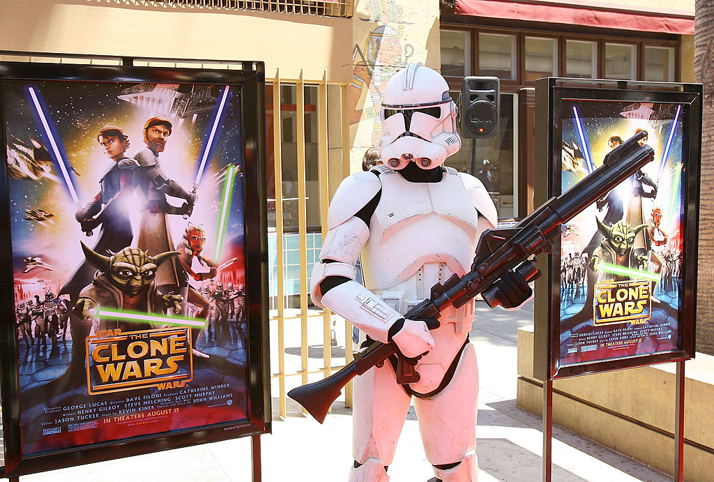 A Clone trooper at the premiere of 'Star Wars: The Clone Wars' movie in Los Angeles.