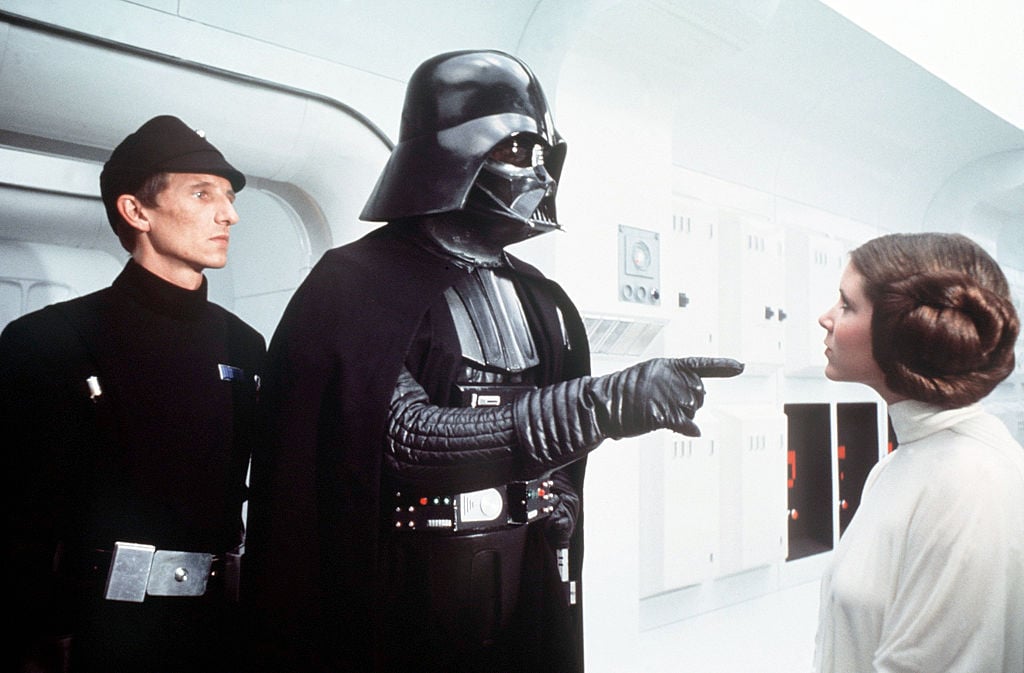 David Prowse and Carrie Fisher on the set of 'Star Wars: Episode IV - A New Hope.'