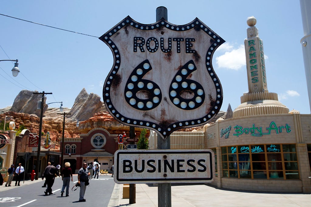 A Route 66 sign in the town of Radiator Springs at Disney's California Adventure Park.