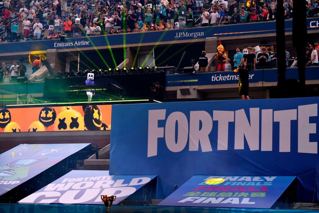 Views of the Fortnite sign at the 2019 Fortnite World Cup on July 28, 2019.
