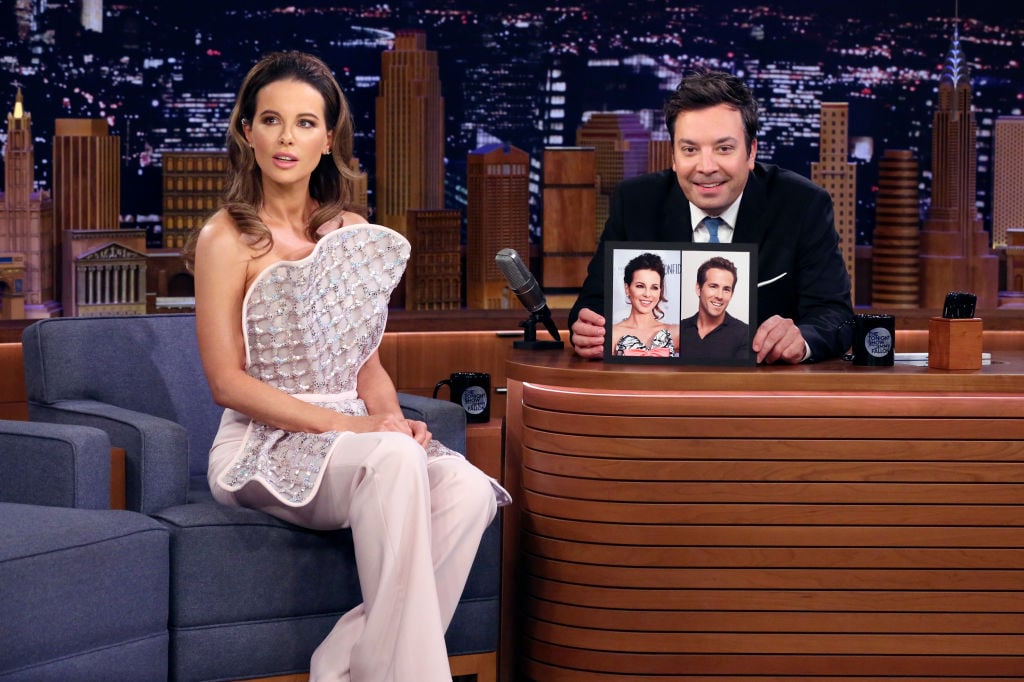 Kate Beckinsale during an interview with host Jimmy Fallon.
