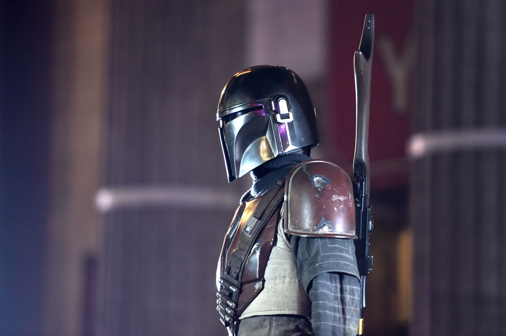 A costumed Mandalorian at the premiere of the Disney+ series of the same name.