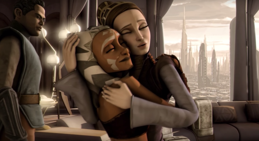 Padmé and Ahsoka hug before they leave for Alderaan in Season 3 of 'The Clone Wars.'