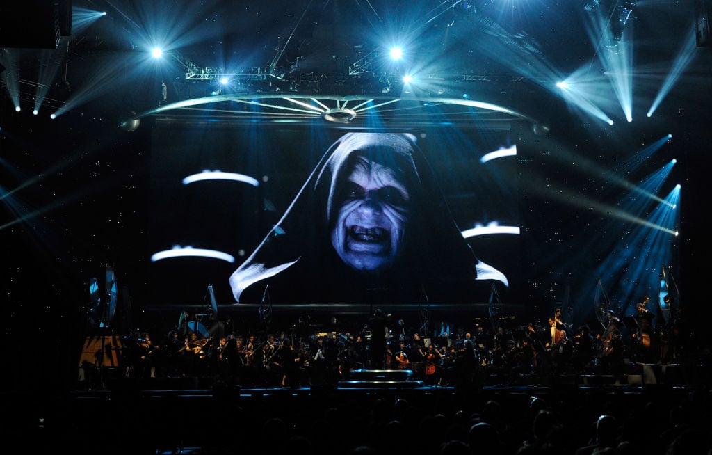 Ian McDiarmid's Emperor Palpatine is shown on screen during "Star Wars: In Concert"