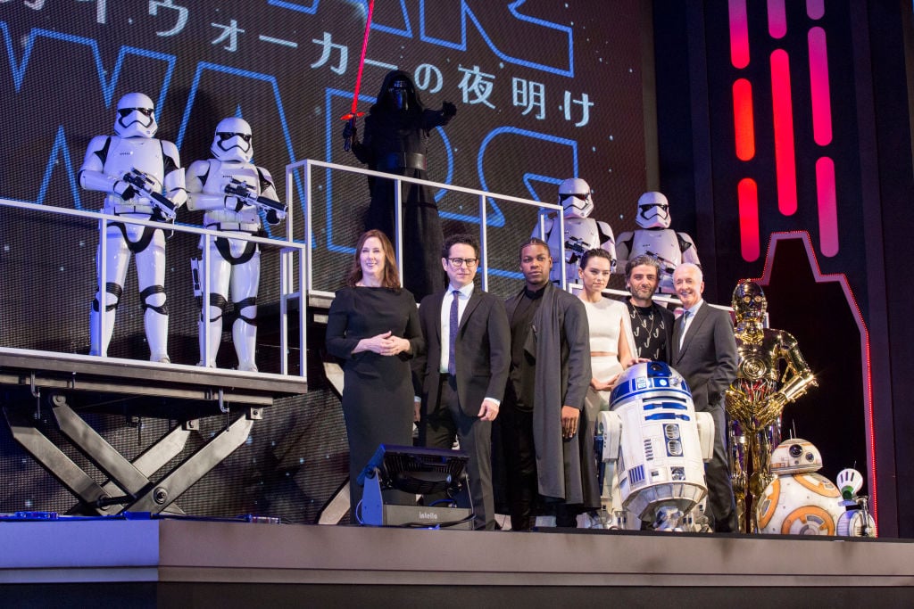The cast and creators for 'The Rise of Skywalker' on stage during a press event.