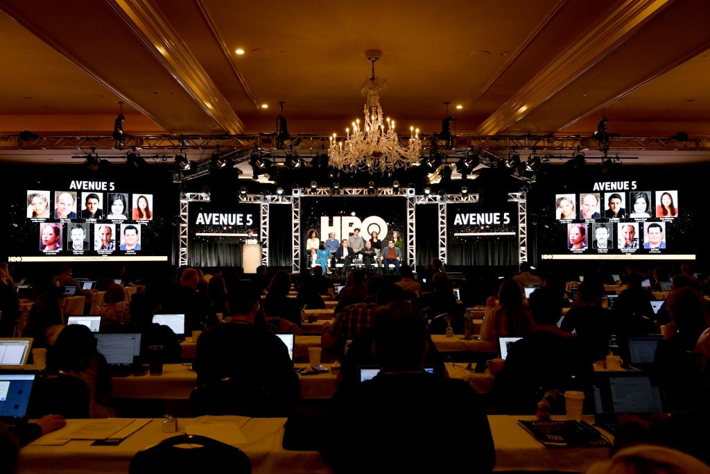 Lenora Crichlow, Ethan Phillips, Zach Woods, Rebecca Front, Suzy Nakamura, Nikki Amuka-Bird, Hugh Laurie, Armando Iannucci and Josh Gad of 'Avenue 5' appear onstage during the HBO segment of the 2020 Winter Television Critics Association Press Tour