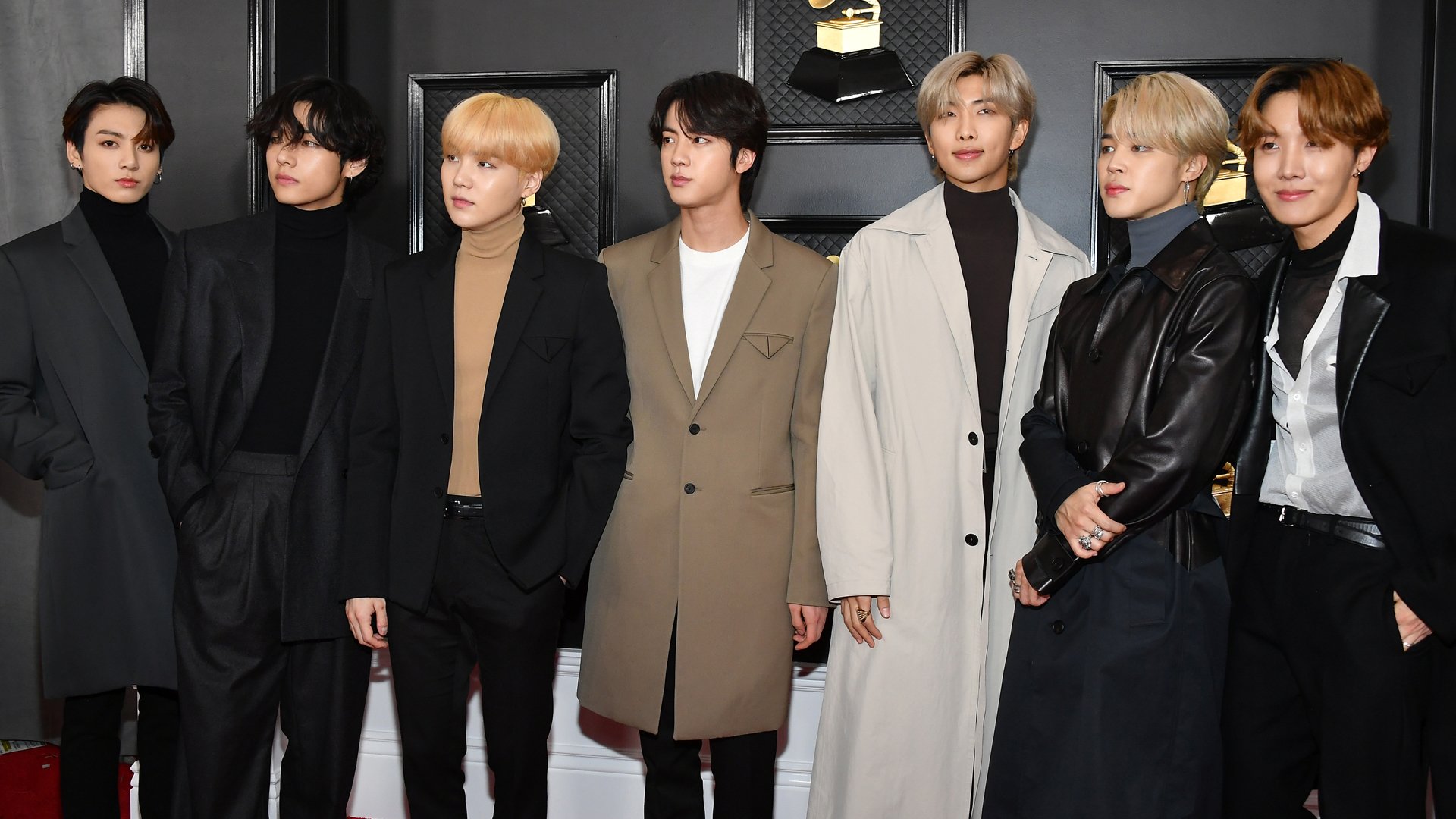 V, Suga, Jin, Jungkook, RM, Jimin, J-Hope of musical group BTS attend the 62nd Annual GRAMMY Awards at Staples Center on January 26, 2020 in Los Angeles, California. 