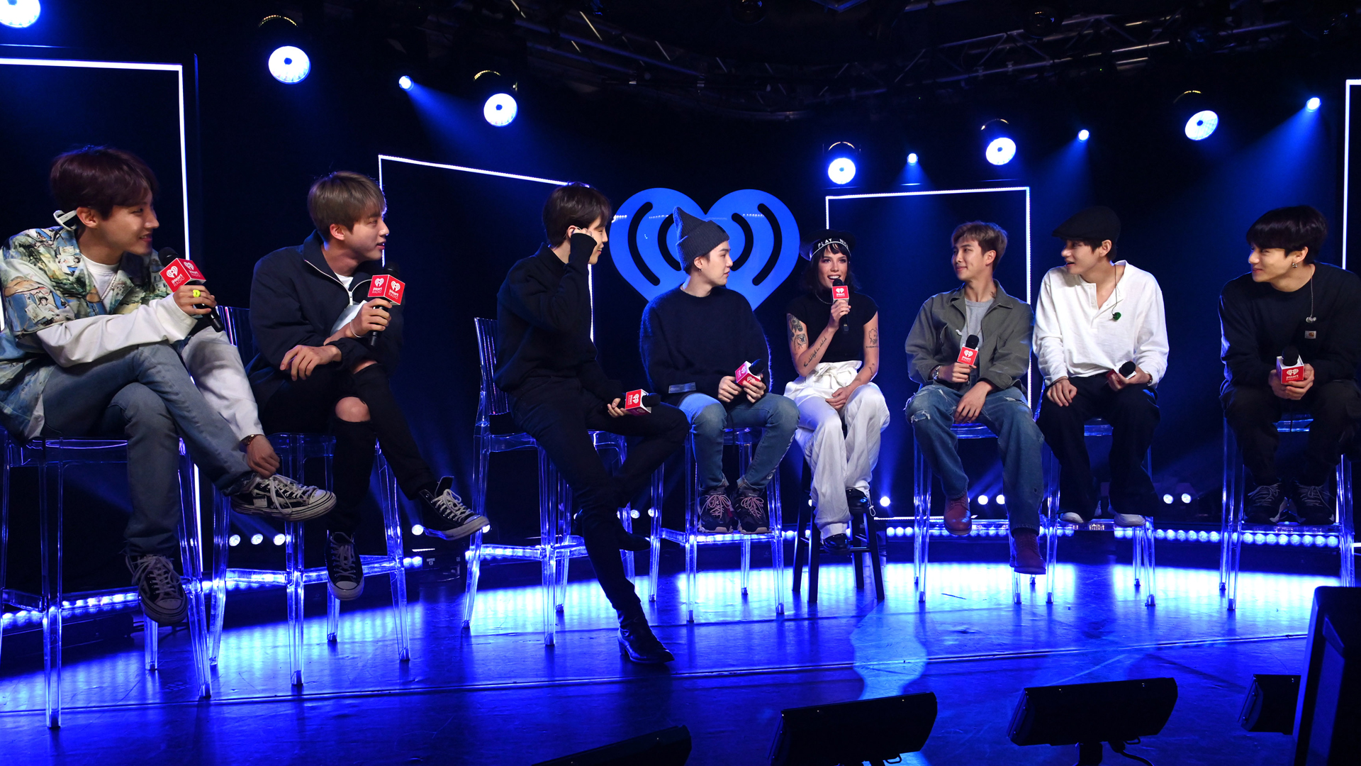 j-hope, Jin, Jimin, SUGA, RM, V, Jungkook of BTS appear onstage with Halsey (4th R) for iHeartRadio Live with BTS at iHeartRadio Theater New York on May 21, 2019 in New York City.