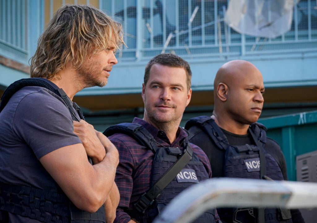 Eric Christian Olsen, Chris O'Donnell and LL Cool J on the set of NCIS: Los Angeles. | Michael Yarish/CBS via Getty Images