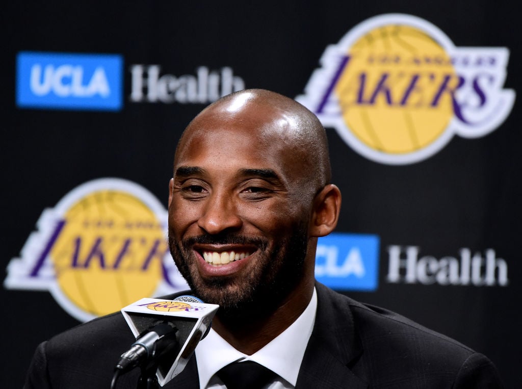 Kobe Bryant speaks to the media at a press conference.