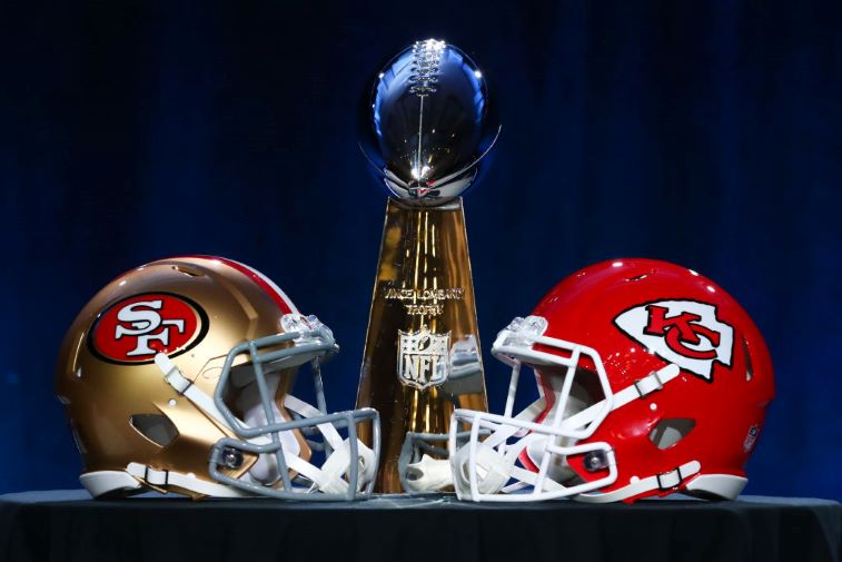 Super Bowl helmets with the Lombardi trophy