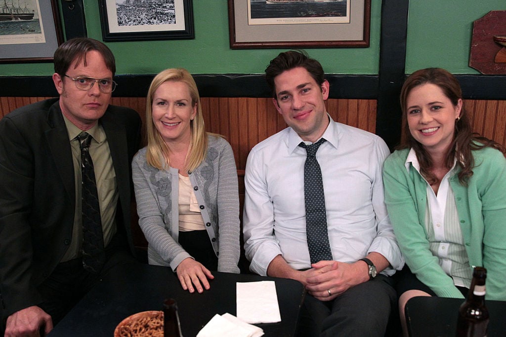 Rainn Wilson as Dwight Schrute, Angela Kinsey as Angela Martin, John Krasinski as Jim Halpert, Jenna Fischer as Pam Beesly Halpert on 'The Office'