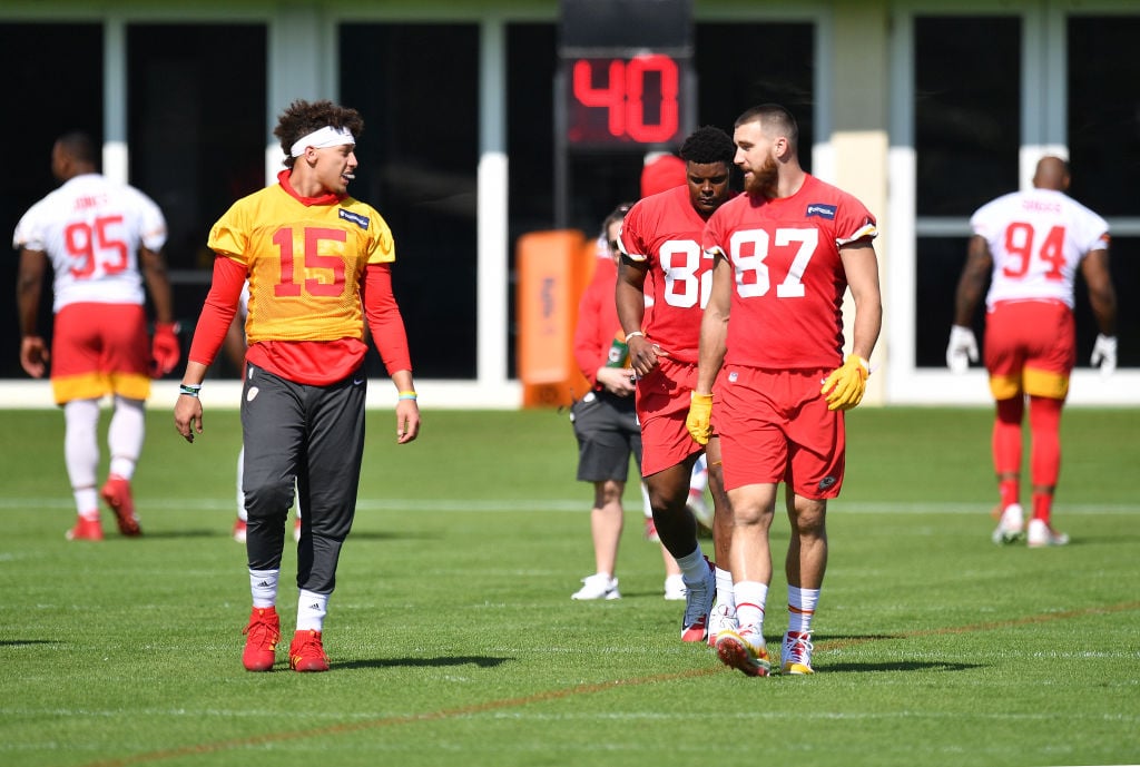 Patrick Mahomes #15 and Travis Kelce #87 of the Kansas City Chiefs