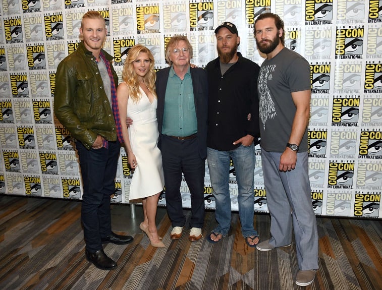 Alexander Ludwig, Katheryn Winnick, writer/producer Michael Hirst, Travis Fimmel, and Clive Standen
