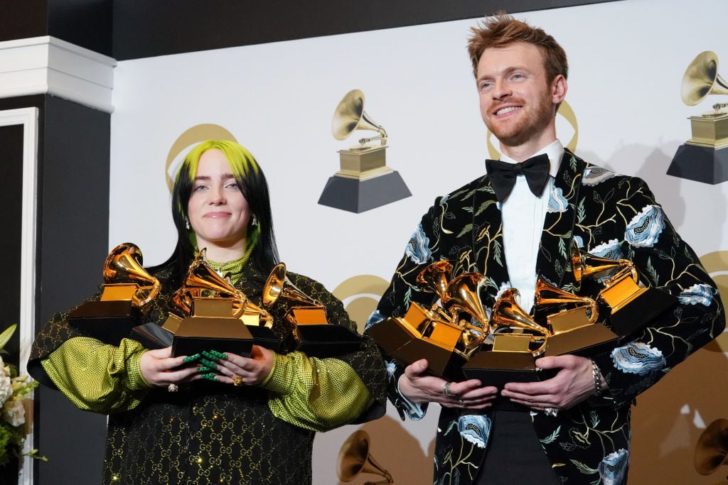 Billie Eilish and Finneas O'Connell pose in the press room during the 62nd Annual GRAMMY Awards on January 26, 2020