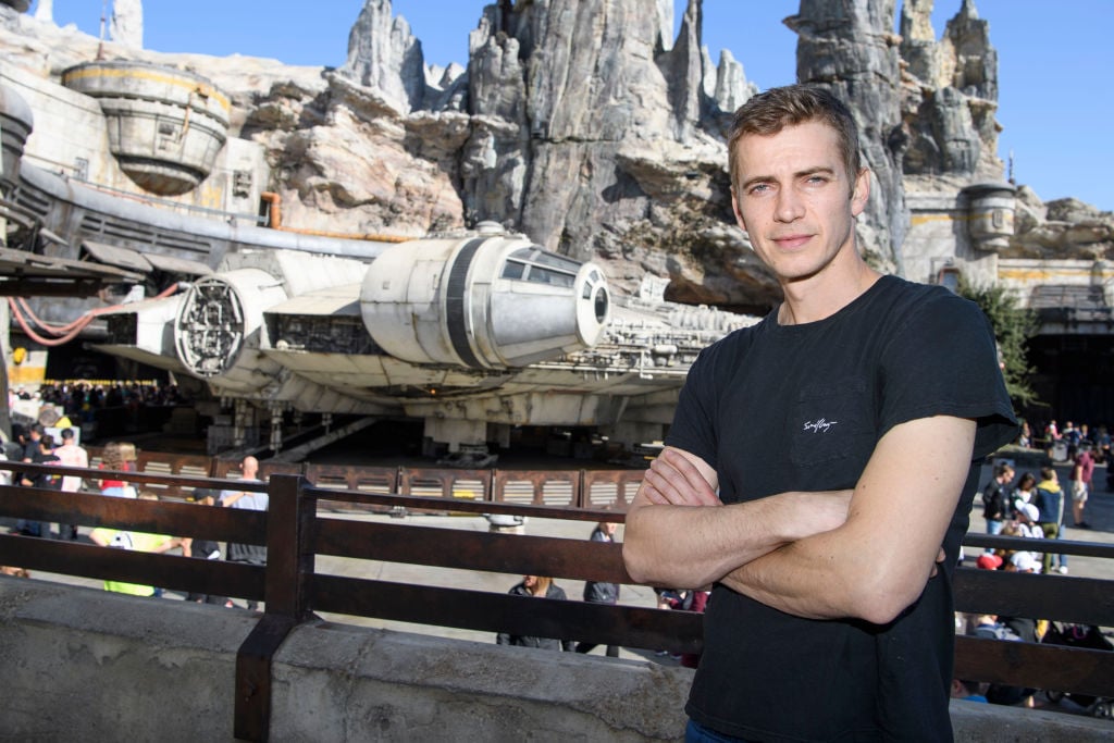 Hayden Christensen in front of the Millennium Falcon: Smugglers Run ride in Star Wars: Galaxy's Edge at Disneyland Park on October 29, 2019.