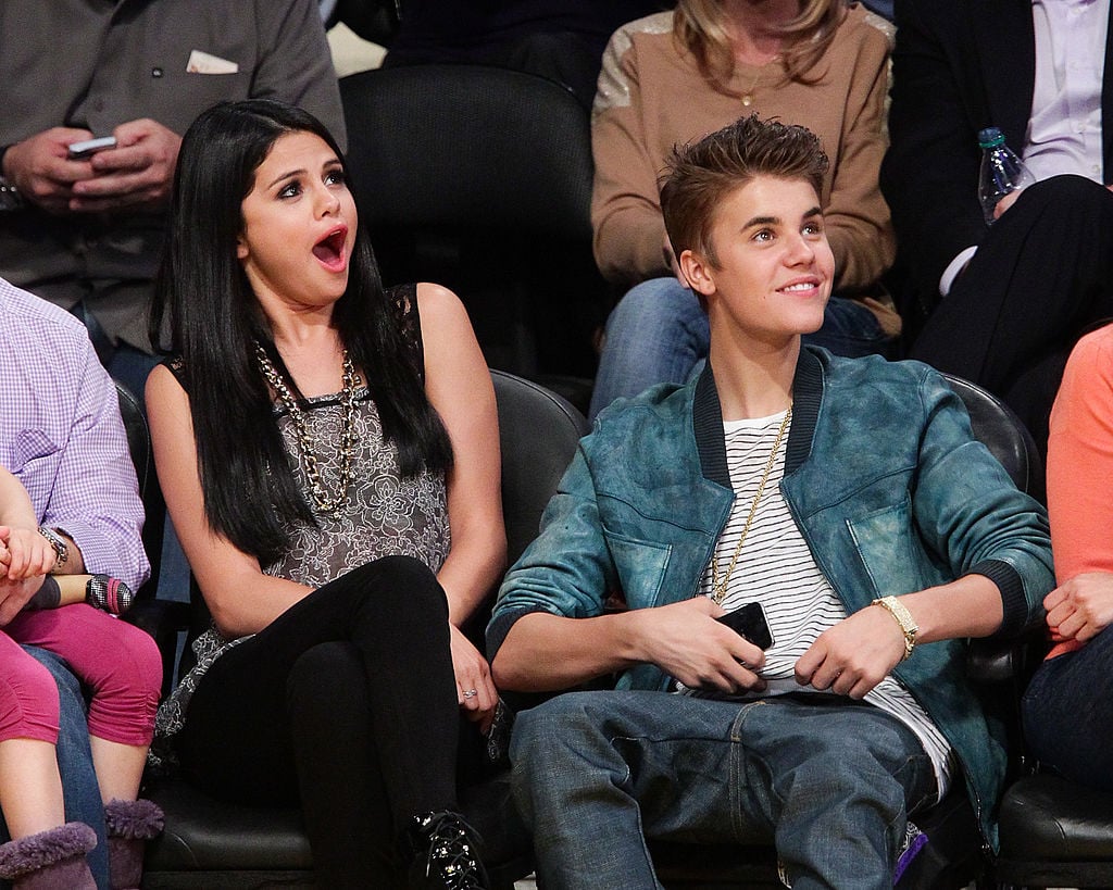 Selena Gomez and Justin Bieber at a basketball game on April 17, 2012