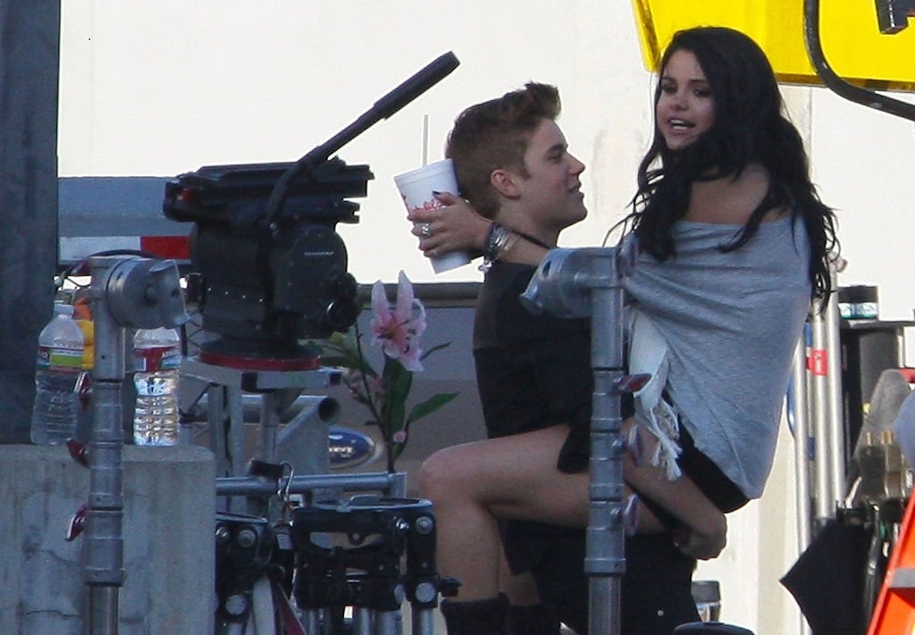 Justin Bieber and his girlfriend Selena Gomez are seen on the set of his music video 'Boyfriend' on April 21, 2012 in Los Angeles, California.