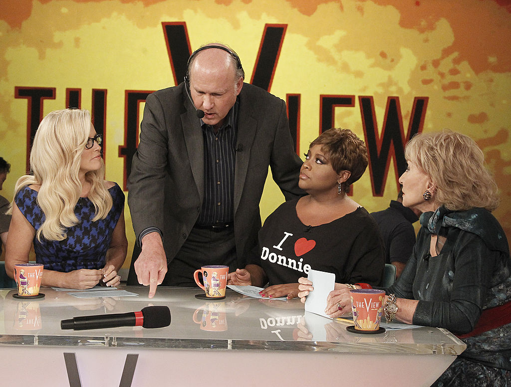"The View's" Jenny McCarthy, Bill Geddie, Sherri Shepherd, and Barbara Walters on set