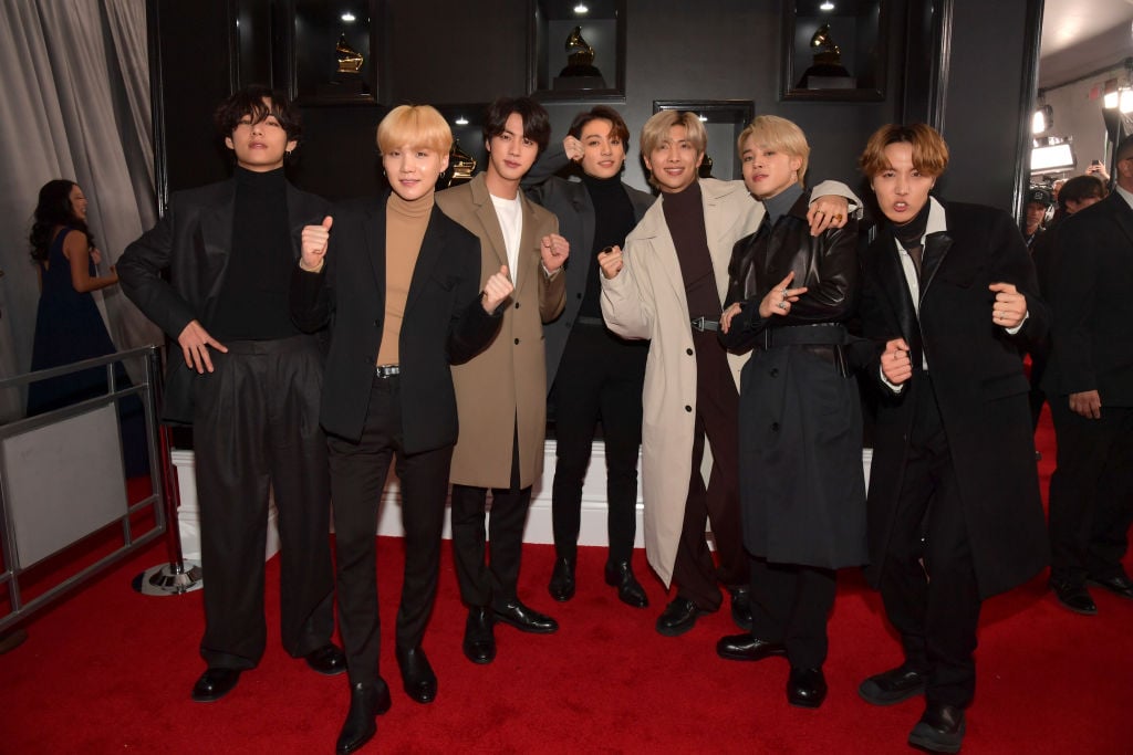 V, Suga, Jin, Jungkook, RM, Jimin, J-Hope of BTS attend the 62nd Annual GRAMMY Awards at STAPLES Center on January 26, 2020 in Los Angeles, California.