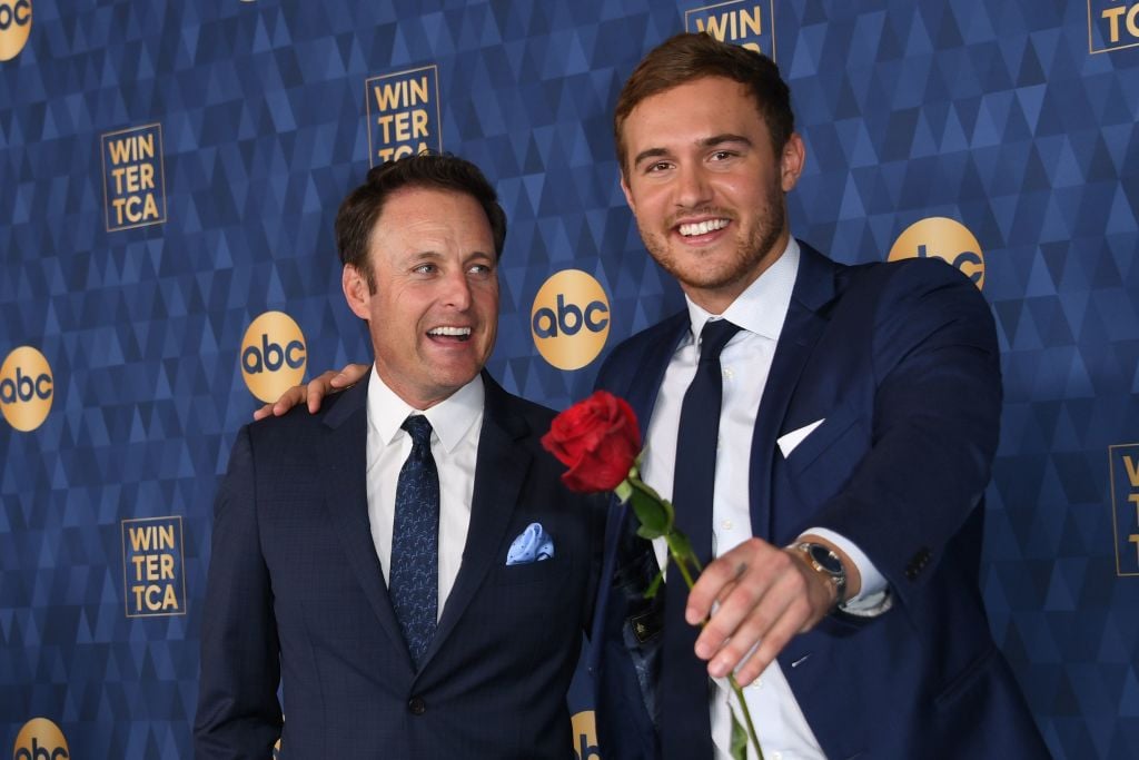 Host of "The Bachelor" Chris Harrison (L) and Star of "The Bachelor" season 24 Peter Weber attend ABC's Winter TCA 2020 Press Tour in Pasadena, California, on January 8, 2020. 