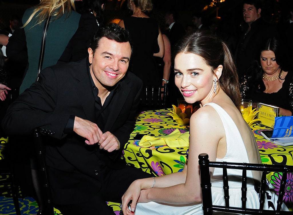 Seth MacFarlane and Emilia Clarke sitting at a dinner table