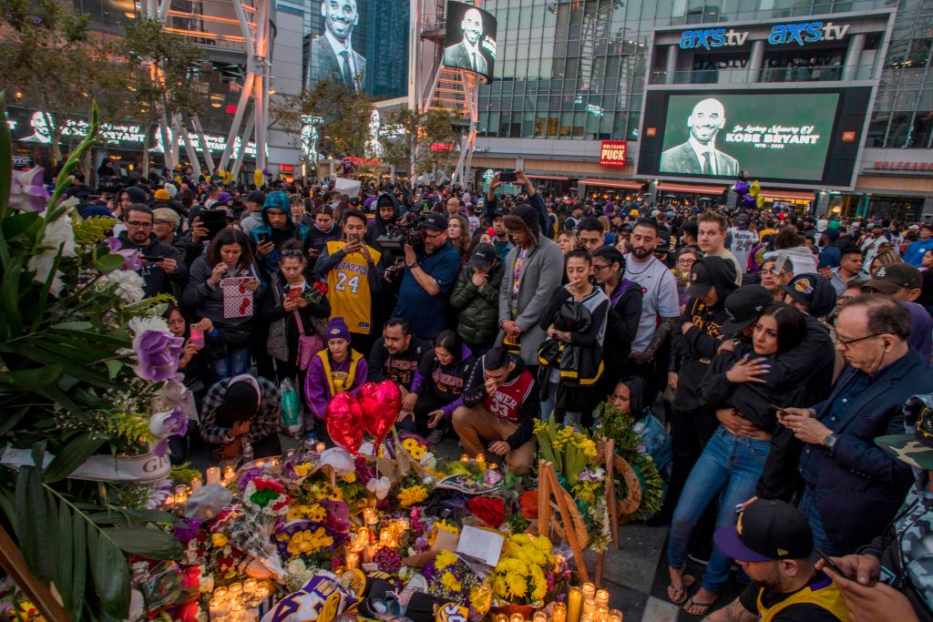 A makeshift memorial for Kobe Bryant outside of Staples Center