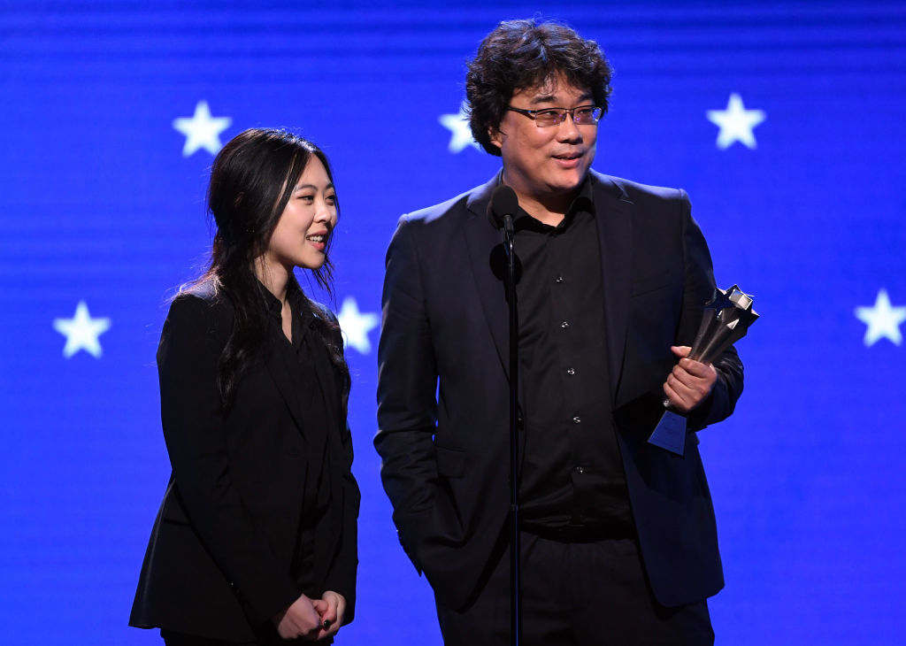 Interpreter Sharon Choi and director Bong Joon-ho