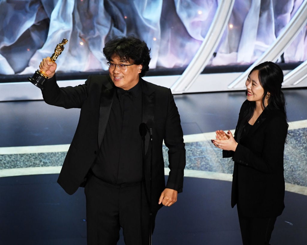 'Parasite' director Bong Joon-ho with interpreter Sharon Choi at 92nd Academy Awards
