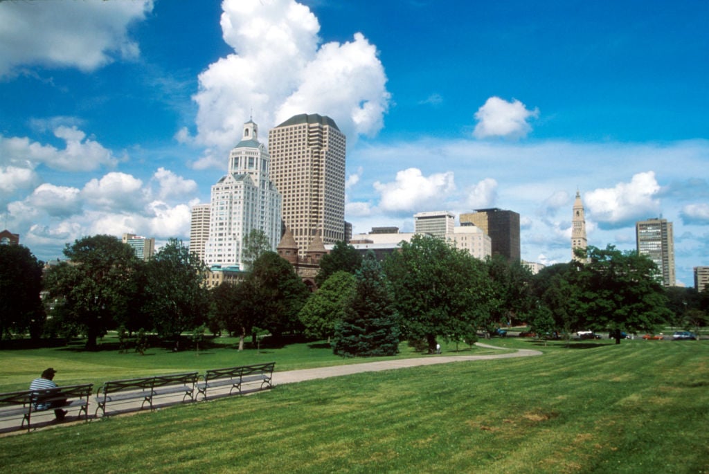 A park and city skyline is seen June 9, 1996, in Hartford, Ct.