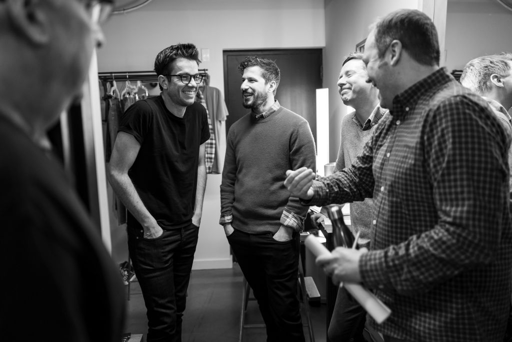 John Mulaney, Andy Samberg, Rob Klein and John Lutz backstage on February 4, 2020