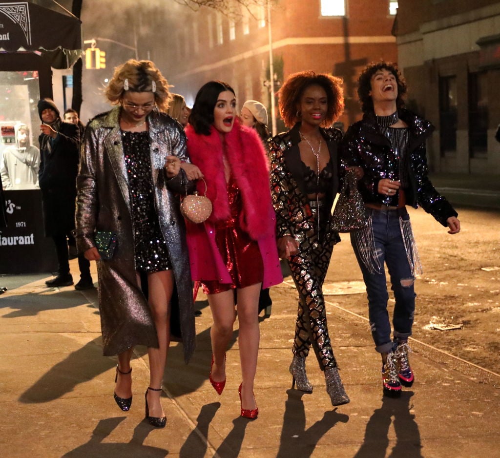 Julia Chan, Lucy Hale, Ashleigh Murray and Jonny Beauchamp are seen filming a scene on the set of 'Katy Keene' on January 30, 2020 in New York City