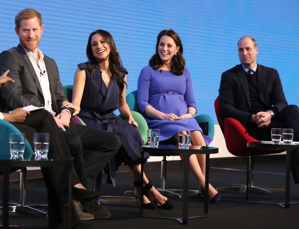 (L-R) Prince Harry, Meghan Markle, Kate Middleton, and Prince William